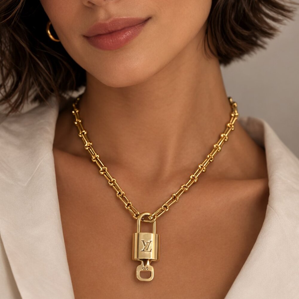 Authentic Louis Vuitton Padlock Pendant with Unbranded 18k Stainless Steel Chain